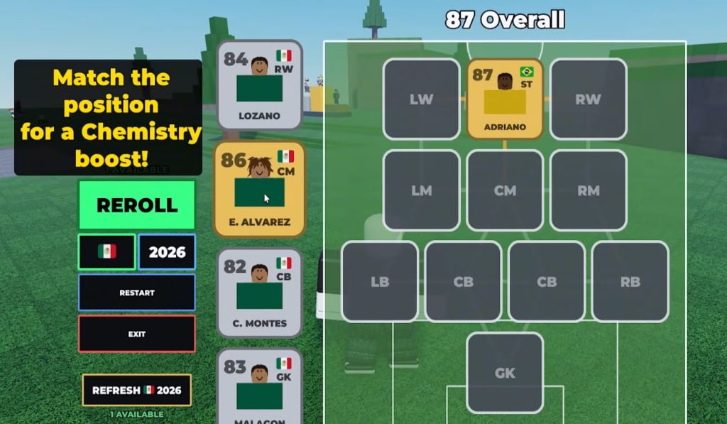 Build A Soccer Squad squad-builder HUD with a Mexico 2026 roll, chemistry prompt, and Adriano at ST