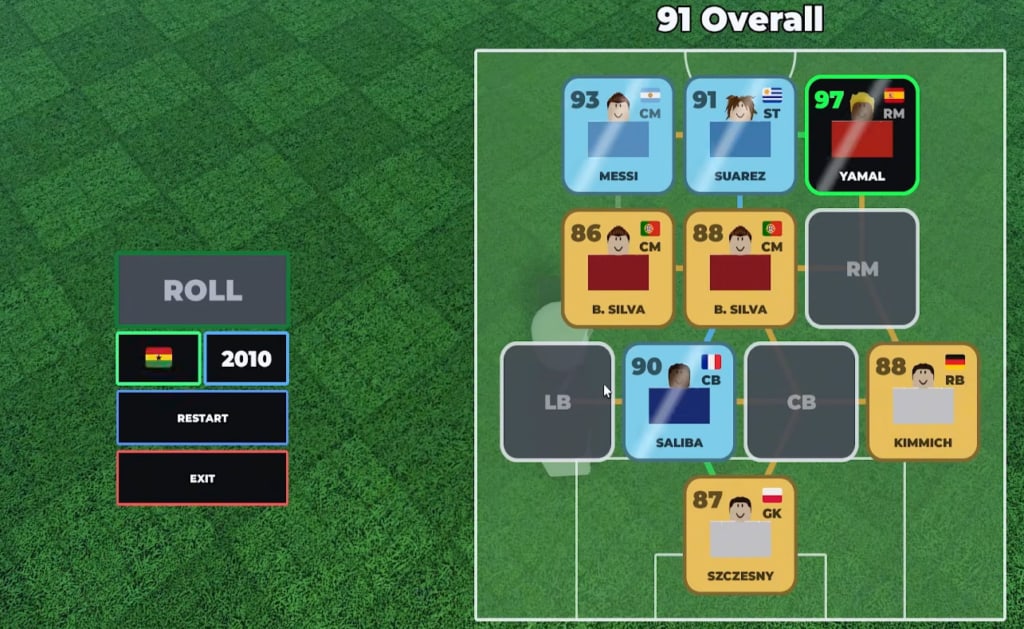 Filled 4-3-3 pitch in Build A Soccer Squad at 91 Overall with Messi, Suarez, Yamal, and chemistry lines